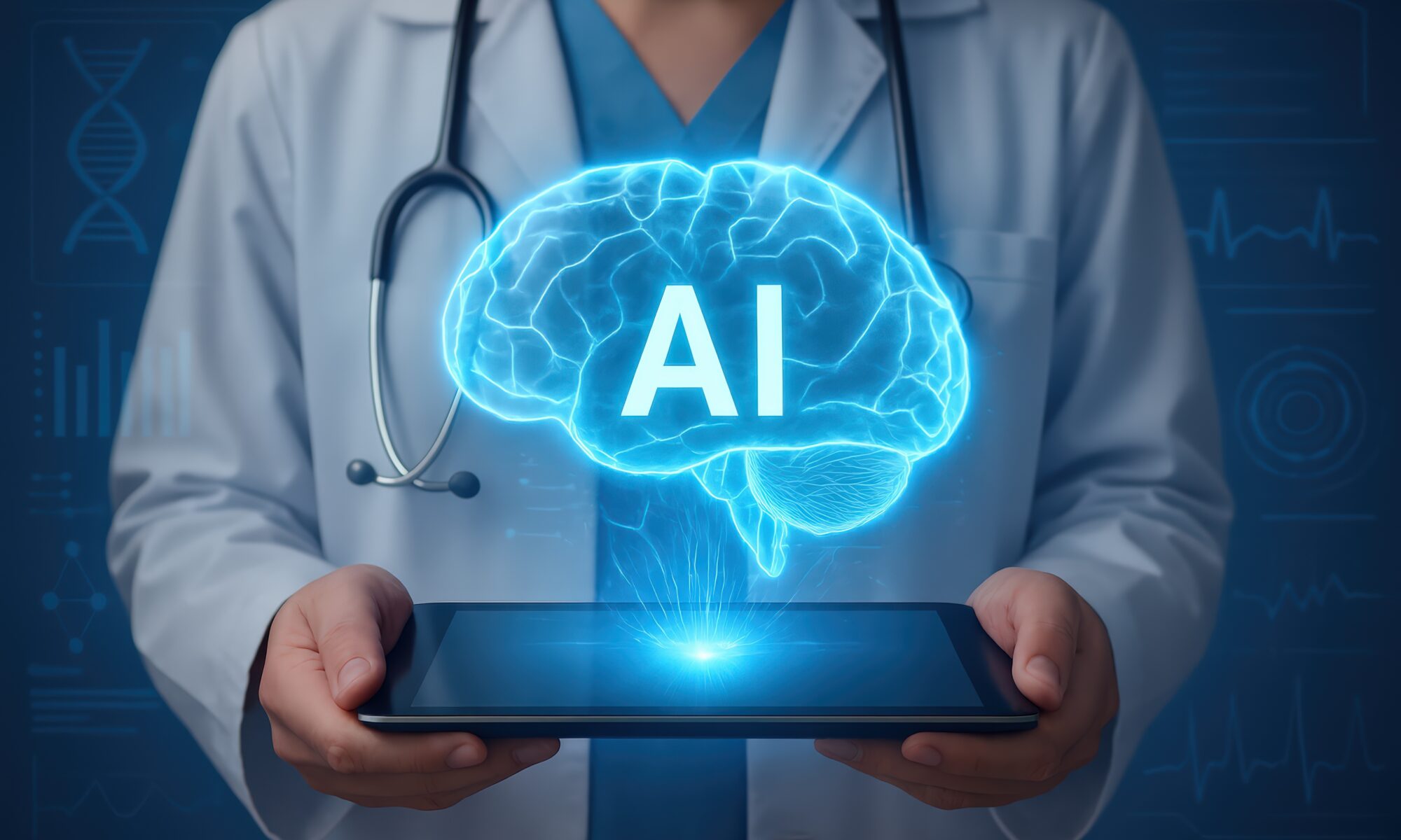 Image showing a doctor holding an AI brain on a tablet
