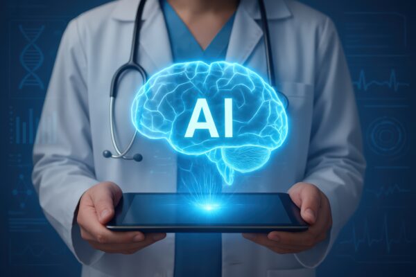 Image showing a doctor holding an AI brain on a tablet
